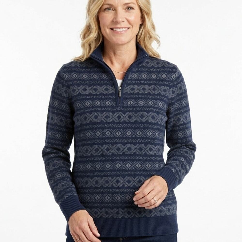 L.L. Bean Fair isle Quarter Zip Sweater Womens Medium Navy Cotton Cashmere Blend